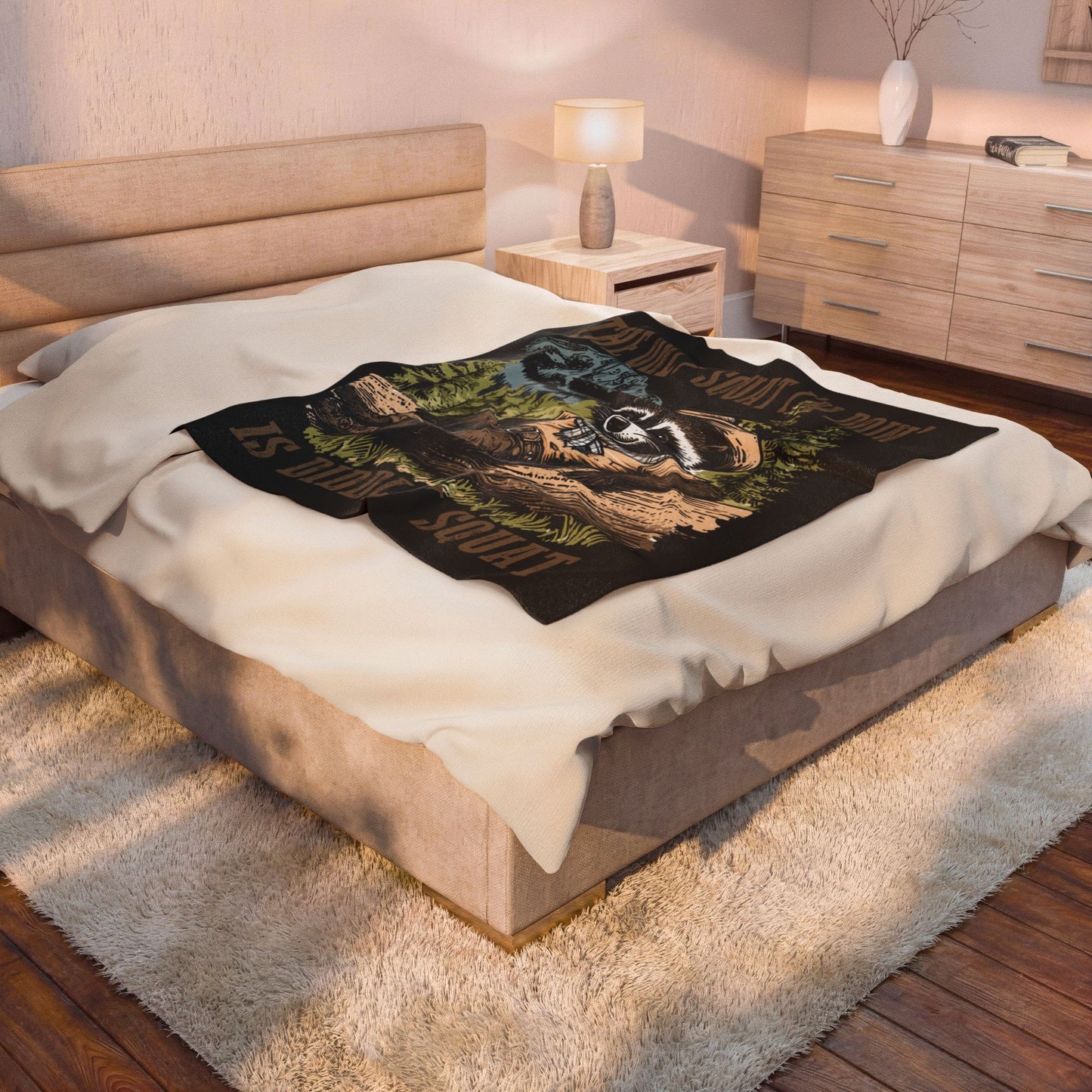 Velveteen Plush Blanket — "The Only Squat I'd Do Is Diddly Squat" Raccoon Cowboy Throw