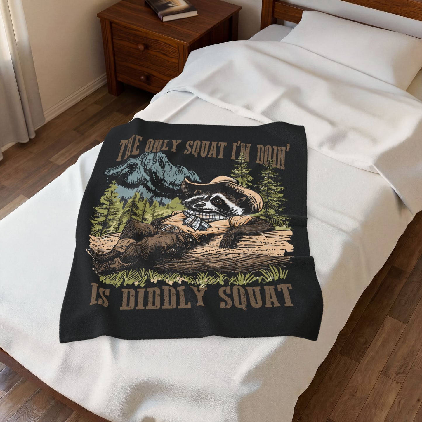 Velveteen Plush Blanket — "The Only Squat I'd Do Is Diddly Squat" Raccoon Cowboy Throw