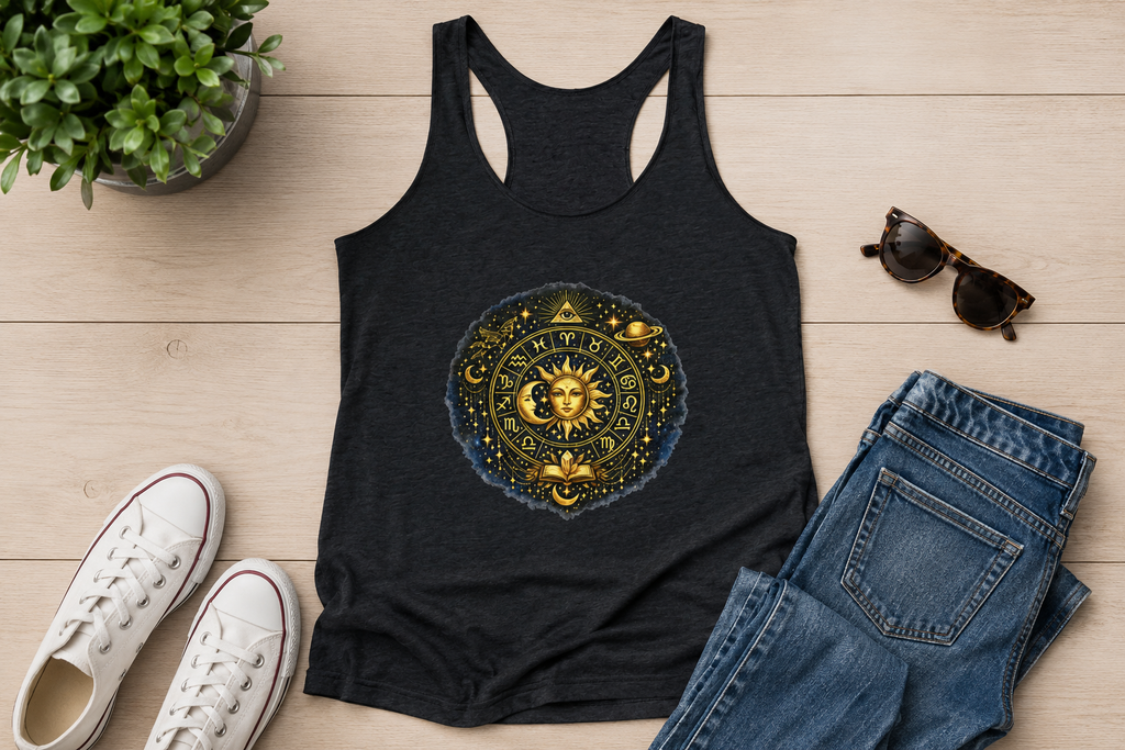Celestial Sun & Moon Mandala Racerback Tank — Women's Astrology Boho Tank Top