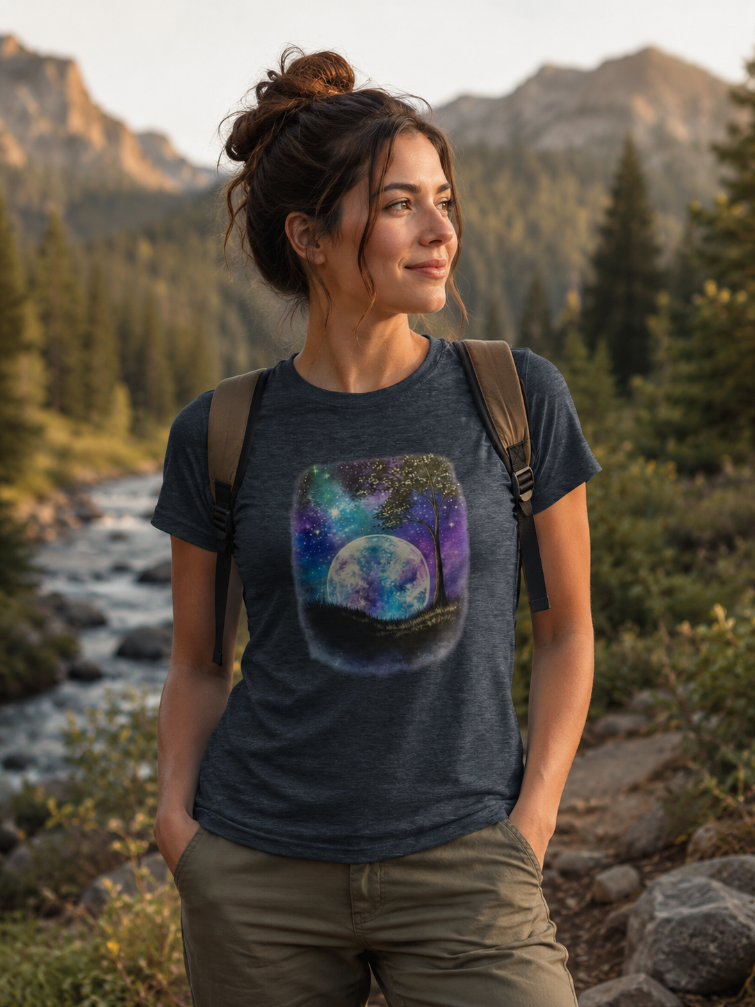 Tri Blend Galaxy Moon Women's Tee — Cosmic Night Sky Graphic