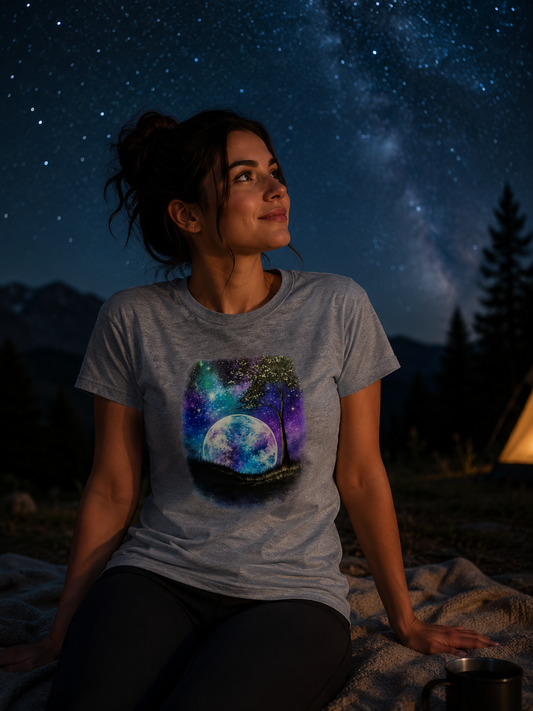 Tri Blend Galaxy Moon Women's Tee — Cosmic Night Sky Graphic